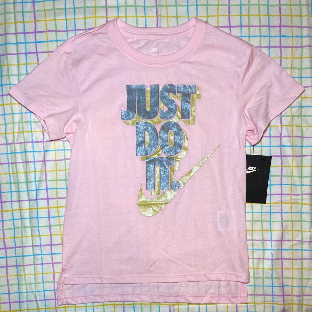 Nike Pink Short Sleeve T-shirt with Silver/Gold “JUST DO IT” Text + Swoosh Logo